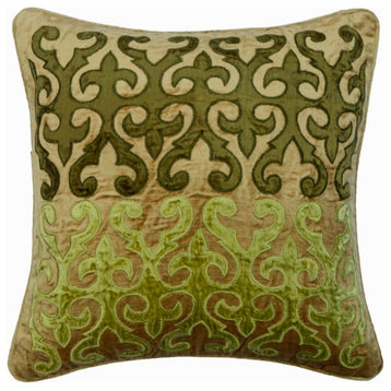 Handmade 24"x24" Applique Green Velvet Cushion Cover, Evergreen