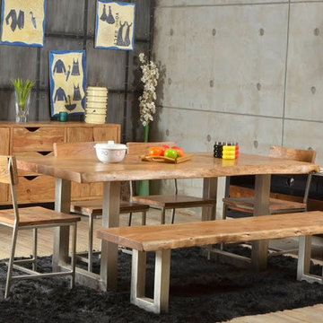 Live Edge Single Slab Modern Rustic Industrial Iron Base Dining Table & Bench