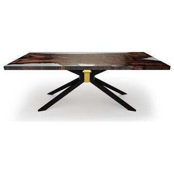 Clear Epoxy Resin & Walnut Wood Rectangular Dining Table, Black & Gold Plated