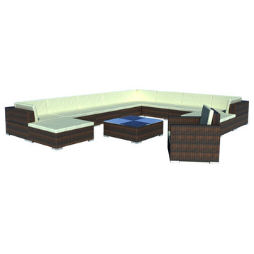 vidaXL Patio Furniture Set 12 Piece Sofa with Coffee Table Poly Rattan Brown