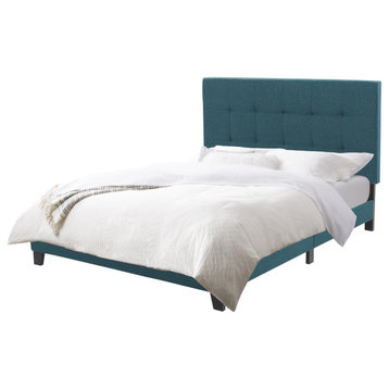 Ellery Full Contemporary Fabric Tufted Bed with Slats, Teal Blue