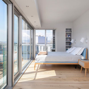 Foto de dormitorio principal, actual, de tamaño medio, sin chimenea, con paredes grises, suelo de madera clara y suelo beige