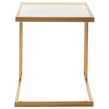 Nuevo Ethan Square Marble Top End Table in Gold and White