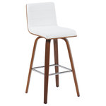 Armen Living - Vienna Swivel Bar Height Stool With Snow White Faux Leather and Walnut - Elevate your kitchen, bar, or dining area with the Vienna Swivel Stool Collection ' a modern essential that combines mid-century charm with functional comfort. Designed for daily use and entertaining alike, Vienna's 360-degree swivel and armless frame provide effortless movement and easy conversation flow. The gently curved backrest supports posture alignment while keeping the profile sleek and space-saving. The Vienna stool is built on a strong wood frame with four splayed legs and a square steel footrest for added durability and a clean, modern edge. The seat and backrest are generously padded with high-density foam and finished in your choice of smooth vegan leather or performance fabric for elevated comfort and easy maintenance. Originally offered in a walnut finish with cream, brown, or gray vegan leather, and a black brushed finish with gray vegan leather, the collection now features even more design-forward combinations. Explore updated variants including snow white vegan leather with walnut, black brushed, or patterned oak finishes; vintage-inspired blue, green, and black tones paired with walnut finish frames; and bold red or soft gray performance fabrics on brushed or patterned wood finishes. Available in both counter height and bar height, Vienna offers a versatile range of styles to suit your space. With its timeless look and enduring quality, this collection brings warmth, elegance, and comfort to any interior.