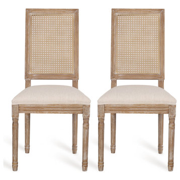Brownell French Country Wood and Cane Upholstered Dining Chair, Set of 2, Beige/Brown