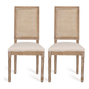 Brownell French Country Wood and Cane Upholstered Dining Chair, Set of 2, Beige/