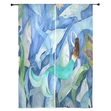 Mermaid Art Sheer Curtains, 30"x84", Mermaid and Dolphin Party