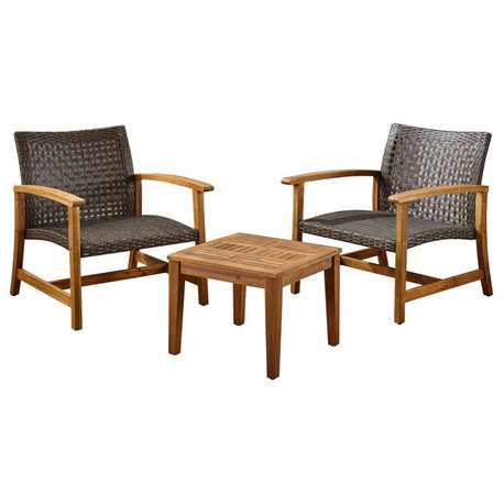 Alyssa Outdoor 3-Piece Wood and Wicker Club Chairs and Side Table Set, Mixed Mocha/Natural Finish