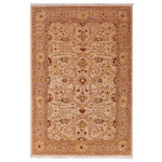 Bareens Designer Rugs - Boho Chic Ziegler Junko Tan Gold Hand-Knotted Wool Rug - 4'11'' x 7'1'' - Enhance the ambiance of your home with this magnificent Persian-influenced Turkish hand-knotted rug made by skilled artisans capable of creating the most exceptional vegetable dyes and hand-spun wool. This exquisite handmade rug is a one-of-a-kind Peshawar Kafkaz, otherwise identified as Chobi, Chobi Peshawar, Oushak, or Ziegler rug. These handmade rugs are crafted in Pakistan utilizing superior-quality wool imported from Australia, New Zealand, and Korea in two types of weaves: the Persian weave and the Mori weave. This rug is meticulously crafted by hand using the finest natural vegetable dyes extracted from local plants. The artisans use a blend of hand-spun local and fine merino wool, resulting in a rug with a compelling texture, higher lanolin content, and longer staple. The artisans occasionally incorporate natural or artificial silk into the pile to enhance specific motifs. The finished product is an awe-inspiring execution of flawless design and an understated palette that exudes elegance.