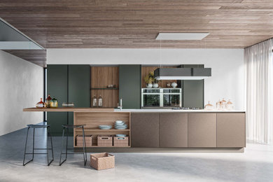Modern green and medium wood tone kitchen