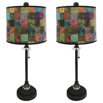 28" Crystal Lamp With Colorful Patchwork Shade, Oil Rubbed Bronze, Set of 2