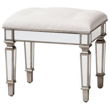 Miray Hollywood Regency Glamour Off White Fabric Mirrored Ottoman Vanity Bench