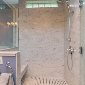 Traditional Carrara Marble Primary Bath Refresh With Maple Vanity