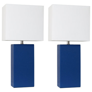 Elegant Designs Set of 2 Modern Leather Table Lamps, White Fabric Shades, Blue