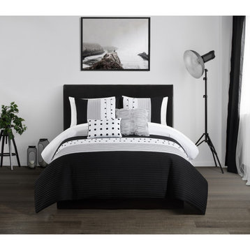 Chic Home Lainy ComforterSet Color Block Pleated-Decorative Pillows Shams -Black