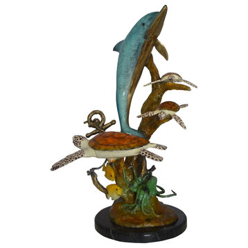 Dolphin medium with Turtles Fountain Bronze Statue -  Size: 24"L x 34"W x 36"H