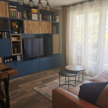 Réaménagement total d'un salon/sam avec création d'une bibliothèque sur mesure