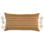 Kosas Home - Gretchen Vegan Leather 14" x 26" Throw Pillow, Camel - Classic with a dash of playfulness, this vegan leather pillow features classic stripes accented with plush tassels. Hand embroidery gives this pillow an artisan aesthetic while its neutral hues and timeless design suit any decor with ease.