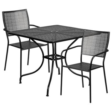35.5'' Square Black Indoor-Outdoor Steel Patio Table Set, 2 Square Back Chairs