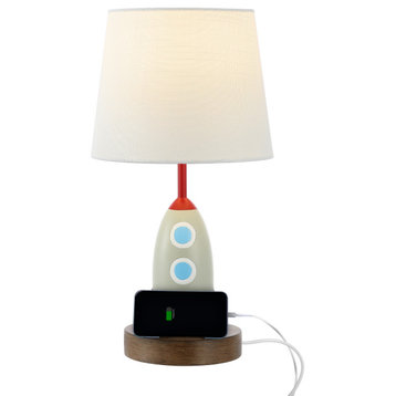 17.5" Iron/Resin Rocket LED Kids Table Lamp, Phone Stand, USB Charging Port