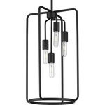 Progress Lighting - Bonn Collection 4-Light Black Pendant - The Bonn Collection Four-Light Black Pendant personifies an industrial vintage vibe sure to create an unforgettable lighting experience. Smooth metal bars coated in a beautiful matte black finish curve to form a simple open-cage light fixture. From the bottom of the sleek center stem light bases appear to gracefully drip down and give an extra touch of refined visual interest with their varying lengths.andnbsp