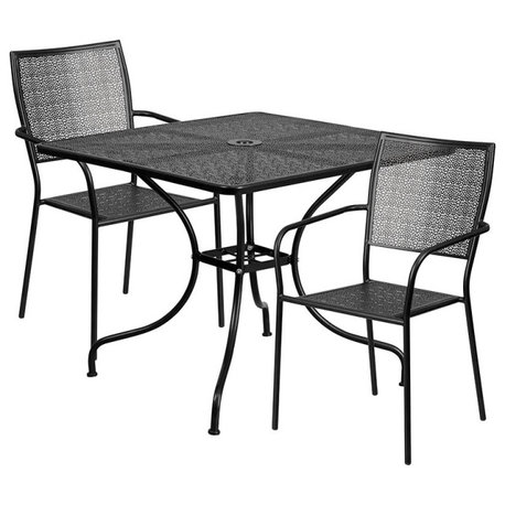 35.5" Square Black Indoor-Outdoor Steel Patio Table Set, 2 Square Back Chairs