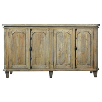 71" Panel Door Credenza, Driftwood Brown Solid Wood Sideboard, Fully Assembled