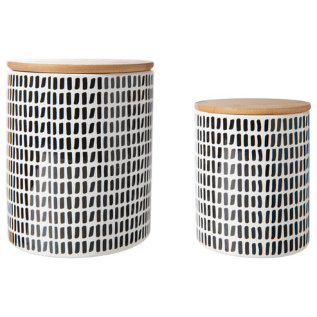 Bamboo Lid Ceramic Canister with Line Pattern Matte White Finish, Set of 2