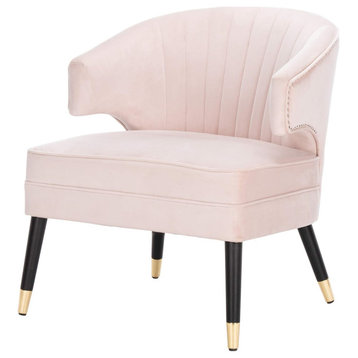 Mid Century Accent Chair, Tapered Legs With Gold Caps and Wingback, Pale Pink