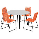 Armen Living - Sydney and Shasta 5 Piece Patio Outdoor Dining Set in Rope with Eucalyptus Wood, Tangerine - The Sydney and Shasta 5 Piece Patio Outdoor Dining Set in Rope with Black Eucalyptus Wood elevates your outdoor space with a touch of modern flair. The mixed materials work well together and create a fun and cohesive dining set for your front porch, back yard, pool side space, or patio. Constructed from eucalyptus wood and a grey super stone top, the 47-inch round dining table is a modern addition that easily fits into any space. This patio dining table features sleek tapered wood legs that allow for ample leg room. One of the best reasons to choose Eucalyptus wood for your outdoor furniture or four-seasons porch is that it is exceptionally resistant to decay and rot. It naturally resists the influence of moisture because of the high oil content it naturally contains. That means it can get damp without you worrying about whether damage will occur. It can withstand several different outdoor elements while lasting for many years if it receives proper care. Defined by functional simplicity and timeless beauty, the dining table delivers a harmony of natural textures to complement any outdoor space. The stone top features a 5-layer composite with 2 layers of cement fiberboard surrounding the aluminum honeycomb core. This beautiful tabletop is durable and robust - capable of withstanding inclement weather and everyday wear and tear. The intricately woven rope featured on the durable metal frame of the Shasta dining chairs form to offer you extreme comfort and relaxation. These outdoor chairs are wrapped in resilient regatta rope cording, providing supple support while still allowing for element passthrough - also enhancing your seating experience with a softness that rivals most fabrics. Each chair is made with the best craftsmanship, with these chairs standing on top of durable metal legs in a black finish for a modern look. For use indoors and out, the soft UV coated nylon cords are hand dyed resulting in subtle tonal variations. The Sydney and Shasta dining set is available in a black eucalyptus finish on the table with a 47 inch round grey stone top, and your choice of black, grey, brick red, wasabi, or tangerine Shasta dining chairs.