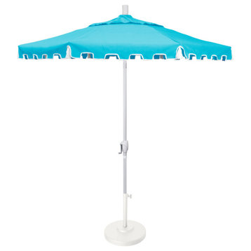 9' Matte White Greek Key Patio Umbrella, Push Button Tilt and Tassels, Aruba