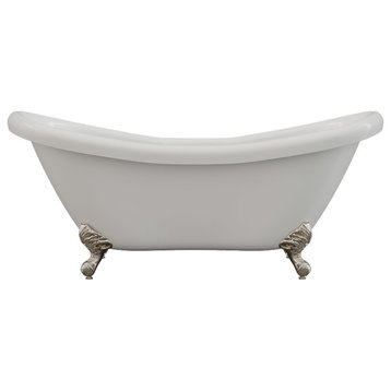 68" Double Ended Slipper Tub, Without Faucet Holes, Brushed Nickel Feet