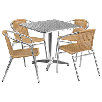 31.5'' Square Aluminum Indoor-Outdoor Table Set with 4 Beige Rattan Chairs