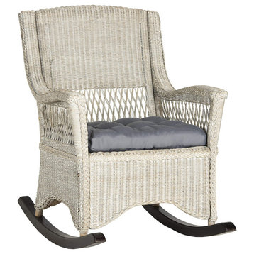 Tropical Rocking Chair, Rattan Frame & Comfortable Cushioned Seat, Antique Grey