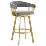 Armen Living - Chelsea Swivel Counter Stool, Gold Brushed Stainless Steel, Gray Fabric, 26" - Give a luxe and stylish upgrade to your home with the Chelsea Swivel Upholstered Counter or Bar Height Stool with a Metal frame by Armen Living. Our barstool is sure to impress with its thoughtful, contemporary design and eye-catching details. The hugging silhouette of this floating backrest flows seamlessly into the arms, which are supported by intricate metal detailing. The backrest and seat are generously padded in high-density foam and upholstered in performance fabric or high-quality faux leather for elevated style, comfort, and convenience. The Chelsea is perched upon tapered metal legs that come equipped with floor protectors, ensuring that the bar stool will not slip on or scratch hardwood or tile floors. This counter or bar stool can be styled anywhere from your kitchen to your home office to give a stunning upgrade to your kitchen island, pub table, home bar, or adjustable desk. The stool includes a built-in circular footrest to relieve pressure from your legs and offer a more comfortable sitting position. Its smooth 360-degree swivel function enhances your space efficiency and mobility, allowing you to effortlessly turn and engage in conversations while being able to sit closer together. The Chelsea Swivel Counter or Bar Height Stool is available in several different finishes, colors, and textile combinations to make a chic and stylish impact in any home. Choose whichever design suits your space, and enjoy this minimal assembly barstool that is sure to stand out!
