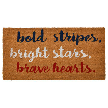Natural Coir "Hey Y'all" Doormat, Bold Stripes, Bright Stars, Brave Hearts