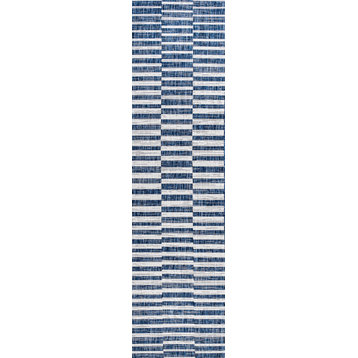 Sukie Modern Offset Stripe Indoor/Outdoor Area Rug, Blue and Ivory, 2x10