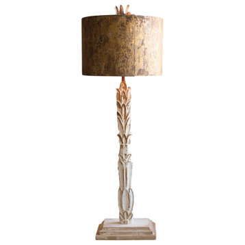 Unique 40" Tall Carved Distressed Wood Table Lamp Metal Shade Acanthus Leaf