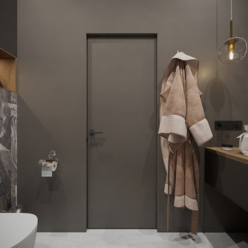 Apartment with black bedroom and bathroom