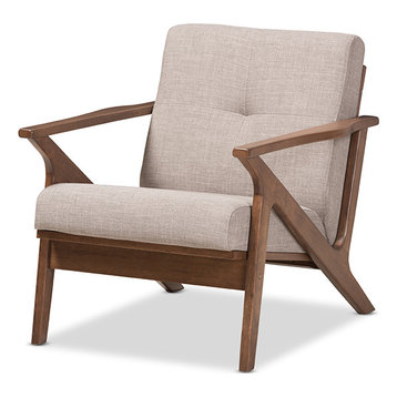 Bianca Mid-Century Modern Walnut Wood Light Gray Tufted Lounge Chair