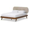 Penelope Solid Walnut Wood Light Beige Fabric Upholstered Platform Bed, Queen