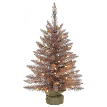 3' Festive Tinsel Christmas Tree With Burlap Bag and White LED Lights, Blush