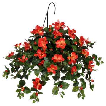 Artificial Red and Yellow Hibiscus in Water Hyacinth Hanging Basket, Natural Wat