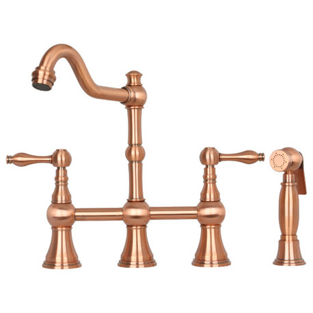 Two-Handles Copper Bridge Kitchen Faucet with Side Sprayer, Copper