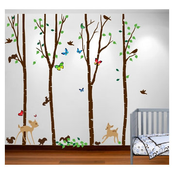 Birch Tree Forest Set with Deer Birds Animals Squirrels Baby Nursery Wall Decal