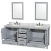 80" Double Vanity,Gray,White Carrara Marble Top,Undermount Oval Sinks,Mirrors