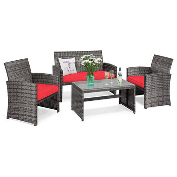 Costway 4PCS Patio Rattan Conversation Glass Table Top Cushioned Sofa Red