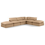 Meridian Furniture - Indulge Upholstered Modular U-Shaped Sectional, Tan, 6-Piece: 3 Armless Chair, 1 Corner Chair, 2 Ottoman, Fiber Stuffed Vegan Leather - Experience ultimate comfort and style with our tan vegan leather Indulge Sectional. The luxurious vegan leather will elevate the aesthetic of any room. This sofa provides ample space for you to relax while its modular build offers the option of unlimited configurations. Whether you're looking to add a stylish element to your living room or a comfortable seating option to your bedroom, this sofa is the perfect choice.