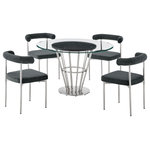 Armen Living - Veronica Shannon Round Dining Table 5-Piece Set, Brushed Steel Charcoal Fabric - Bring sleek sophistication and comfort to your dining space with the Veronica Shannon 5 Piece Dining Set by Armen Living. This set includes 1 Veronica Round Glass Dining Table and 4 Shannon Upholstered Dining Chairs. With a chic and refined aesthetic, this dining set is ready to make a statement. The dining table includes a 48" glass tabletop that rests on a round walnut veneer panel for a beautiful contrast of materials. The conical base attains a sleek and airy presence with its metallic detailing. The Veronica dining table serves as a stunning centerpiece for your kitchen, dining, or living space, and its round shape creates a natural hub for inclusive conversations and activities. Our Shannon dining chairs serve as a perfect compliment to create this contemporary and modern dining set. The Shannon chair includes a cylindrical cushion and curved backrest to offer perfect back support and a generously padded seat to provide a comfortable seating experience. These chairs are covered in performance fabric to offer easy care and maintenance. This dining set can grace your kitchen, dining room, or living space to make a stunning centerpiece, while it adds a dose of sophistication and comfort from your casual to formal meals. The dining set features quality materials and craftsmanship to serve you for years to come. The Veronica Shannon 5 Piece Round Glass Dining Table Set is available in matching finishes and a variety of colors, or sold separately to achieve any look you desire.