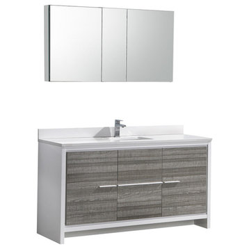 Allier Rio 60" Ash Gray Single Sink Modern Bathroom Vanity w/ Medicine Cabinet